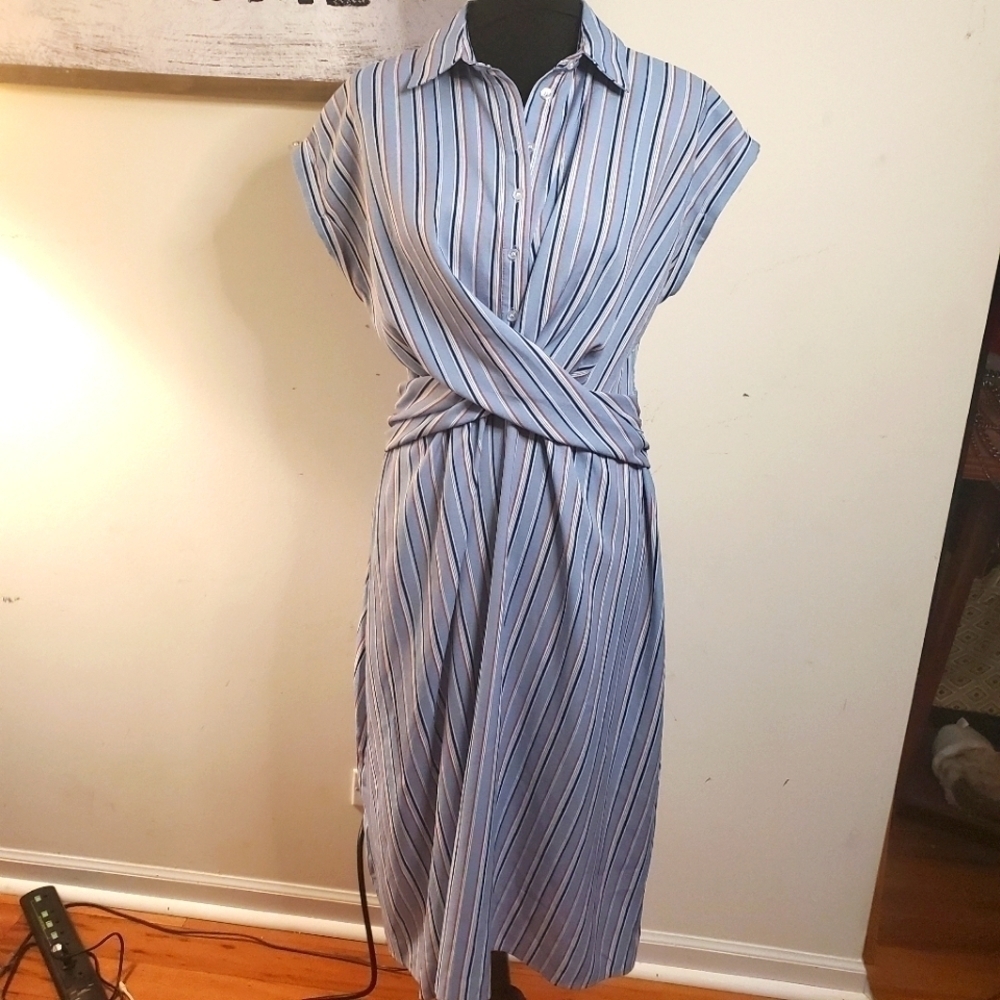 New Vintage-Style Blue Striped Collared Midi Dres Size Small